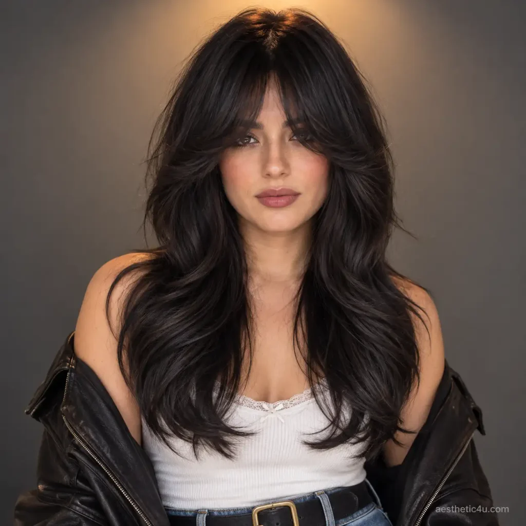 4. Voluminous Long Layers with Curtain Bangs