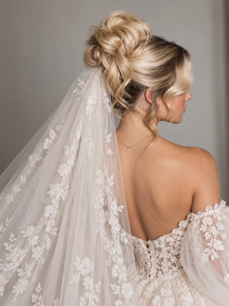 6. Messy Bun With Long Veil