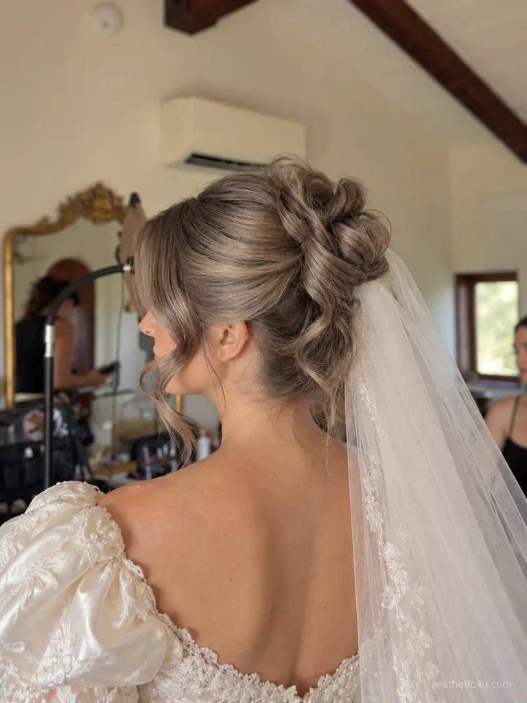 7. Messy Bun With Cathedral Veil