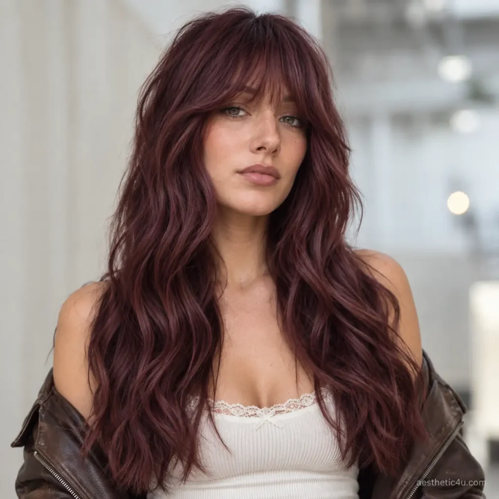 7. Wavy Hair With Long Layers and Curtain Bangs
