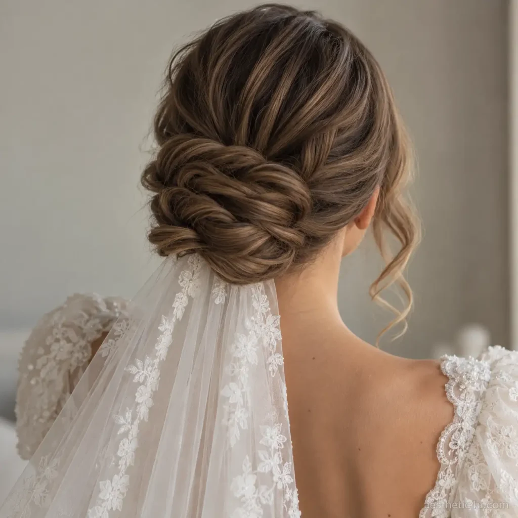 8. Braided Low Bun With Veil