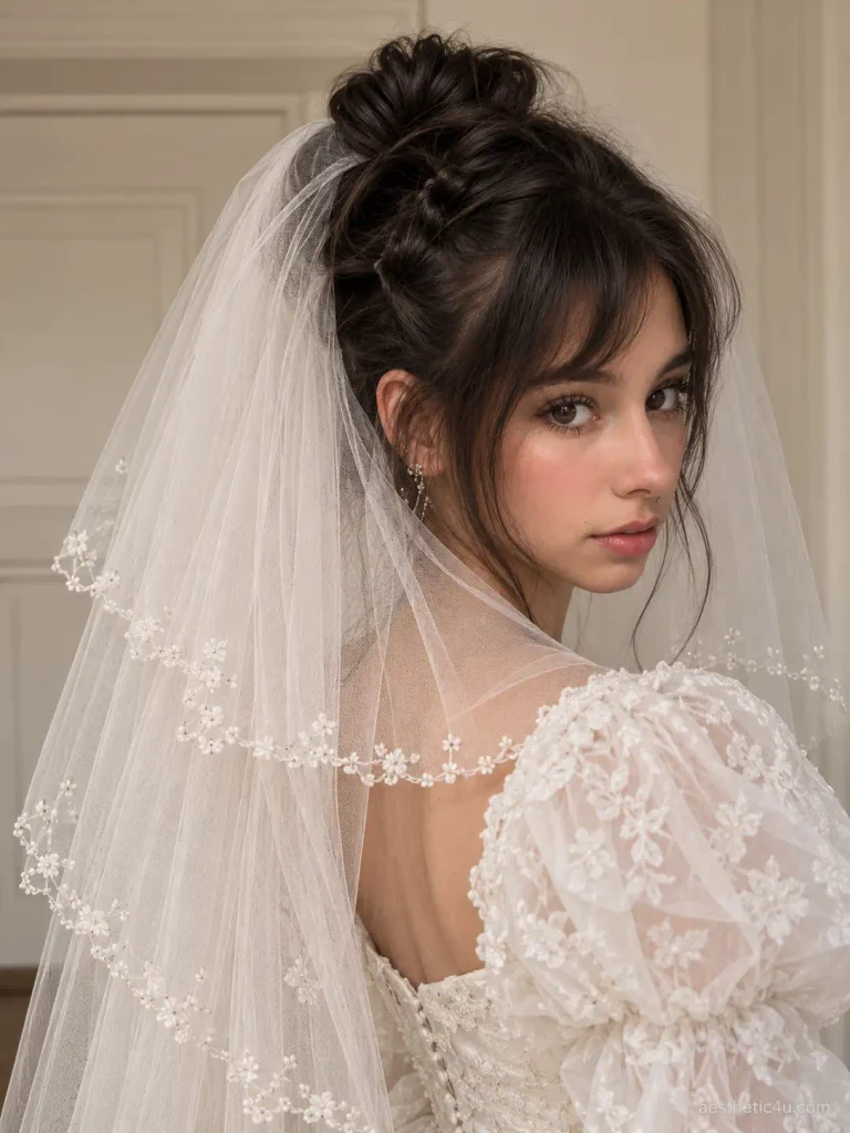 8. Messy Bun With Blusher Veil