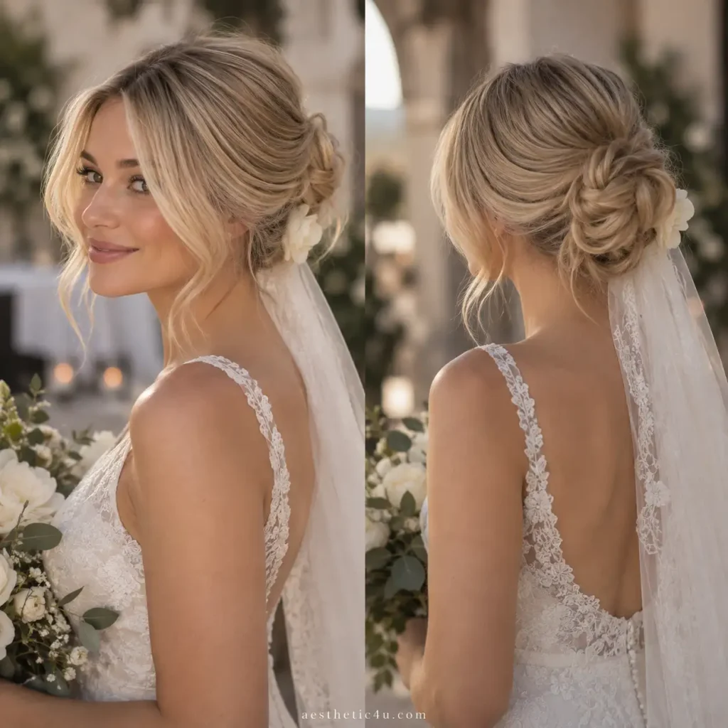 Bride wearing a soft messy wedding bun with loose face-framing waves and a delicate veil