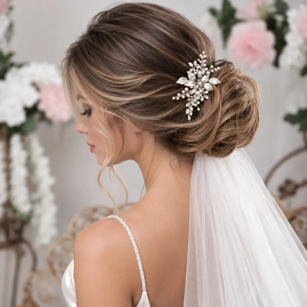 Timeless elegant bridal updo styled with a classic veil]