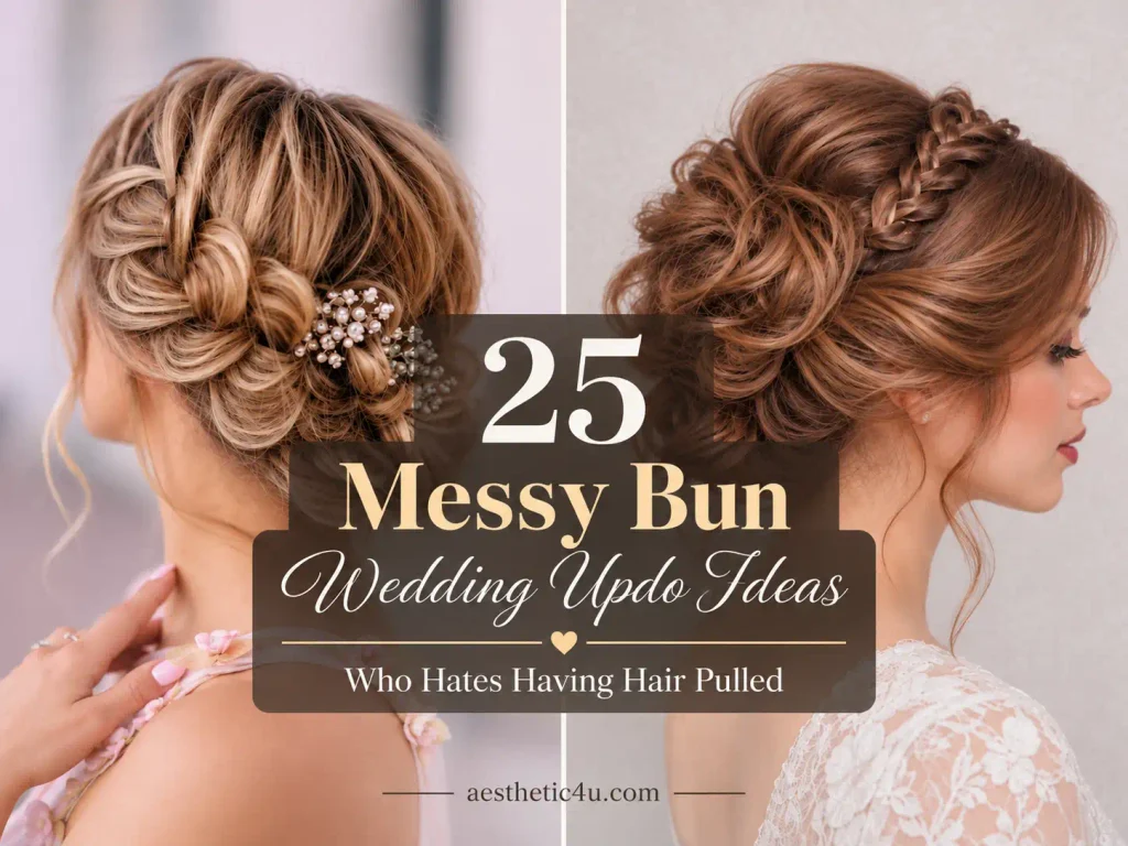 25 messy bun wedding updo ideas featuring loose curls, braided buns, and relaxed bridal hairstyles