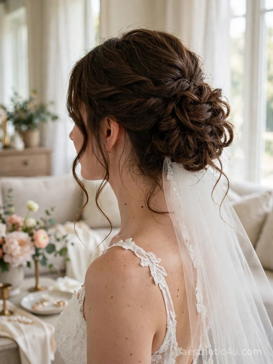 Soft romantic messy bridal hairstyle hero — bride with undone updo and veil