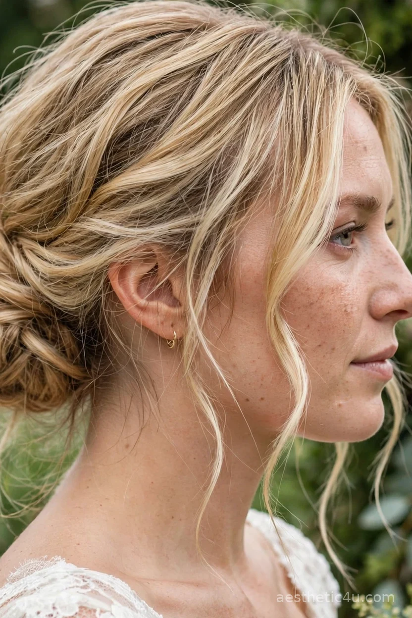 Undone low chignon with face-framing tendrils — soft messy bridal hairstyle for blonde brides
