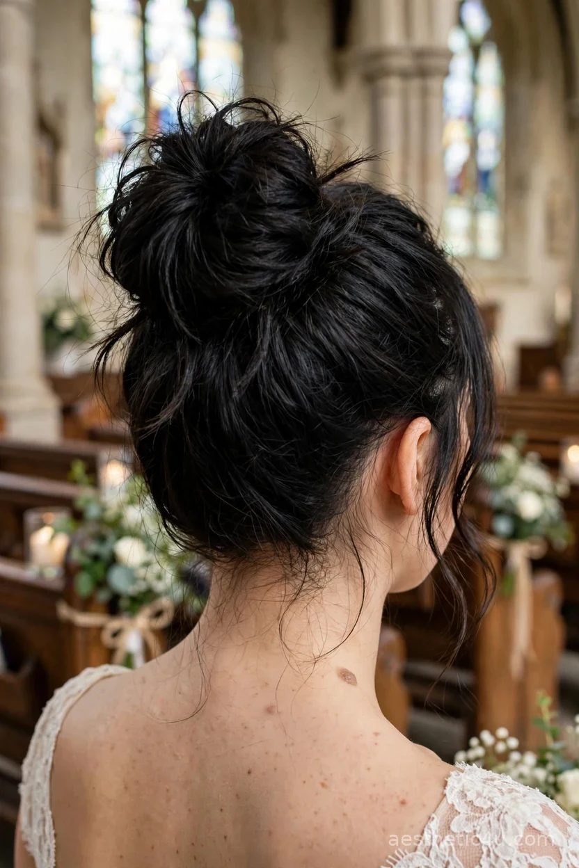 Textured messy high bun bridal hairstyle on dark hair, back view