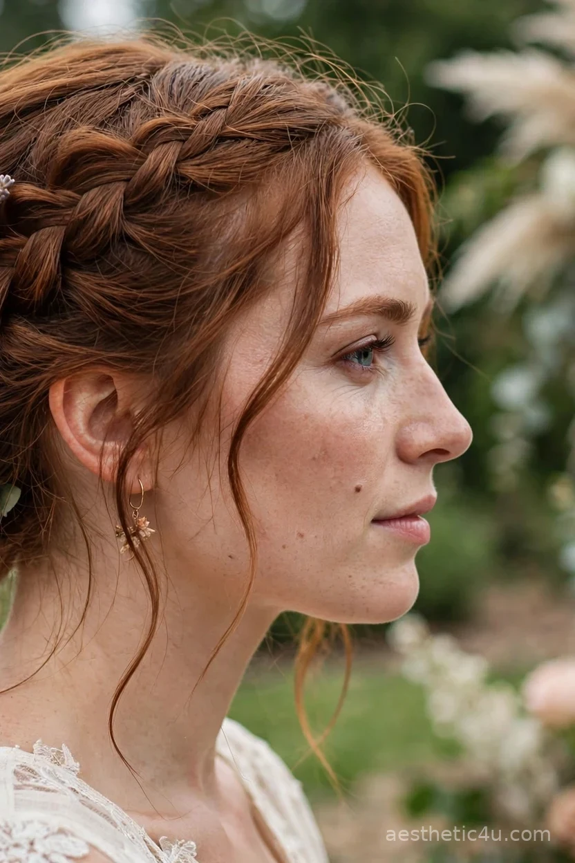 Boho braided messy updo bridal hairstyle with loose fishtail braid, side view