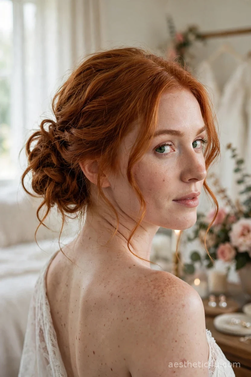 Loose romantic side bun messy bridal hairstyle draped over the shoulder