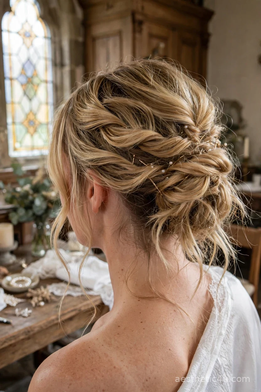 Undone French twist messy bridal hairstyle, back view