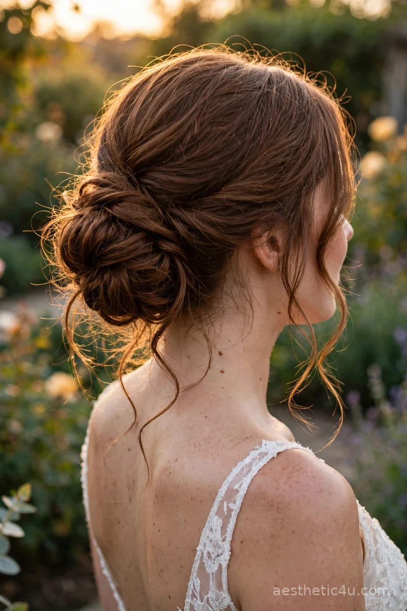Textured low bun with loose pieces — messy bridal hairstyle at golden hour