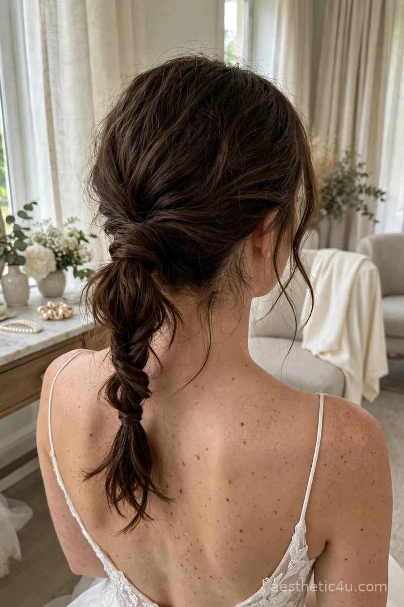 Tousled low ponytail twist bridal hairstyle — low-maintenance wedding hair