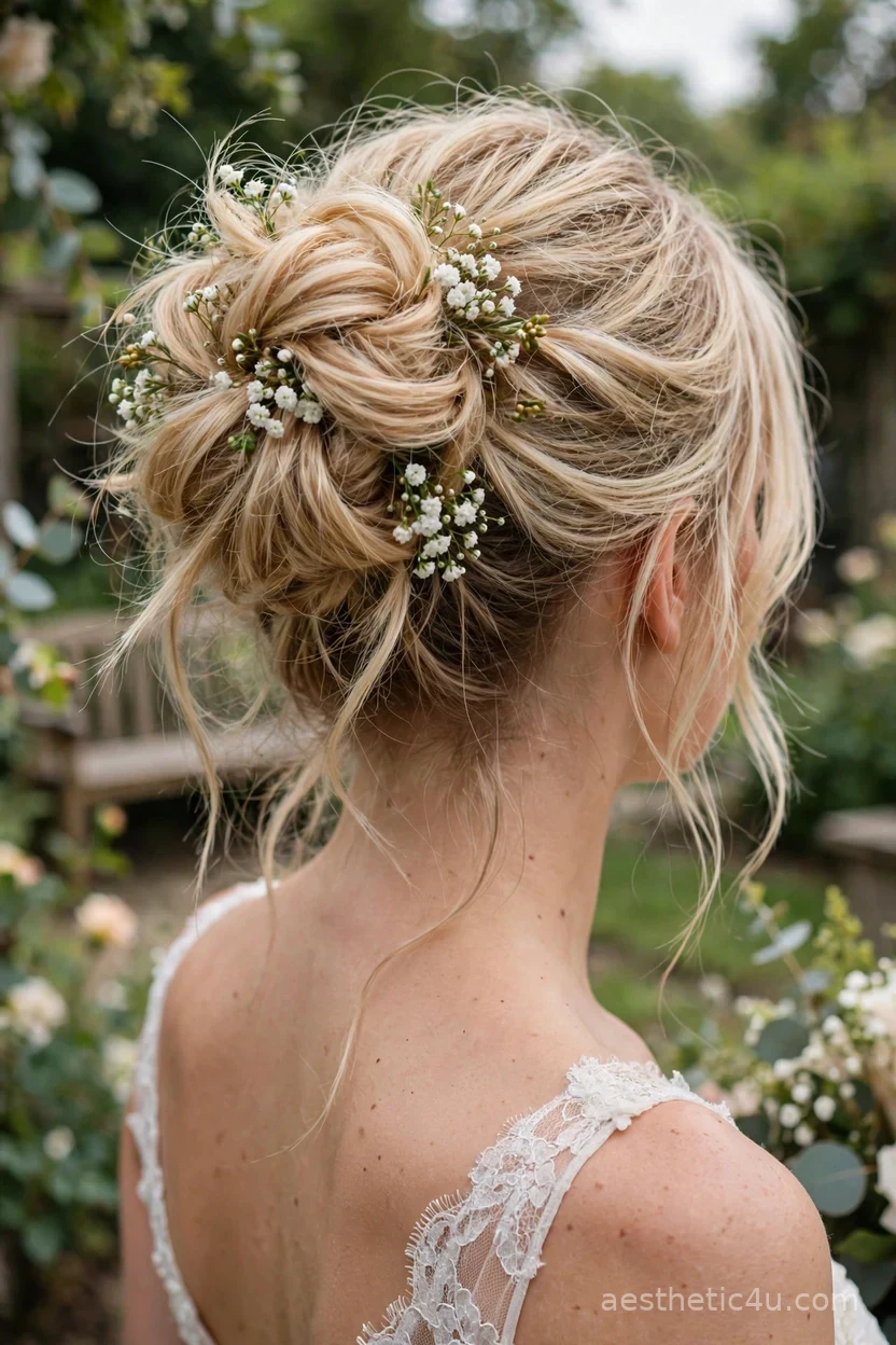 Romantic messy bun with baby's breath flowers — soft bridal hairstyle