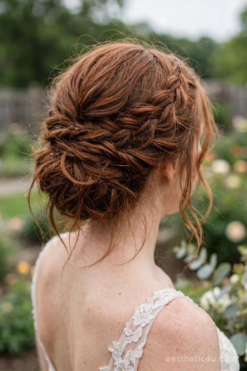 Soft messy updo with braided crown — boho bridal hairstyle