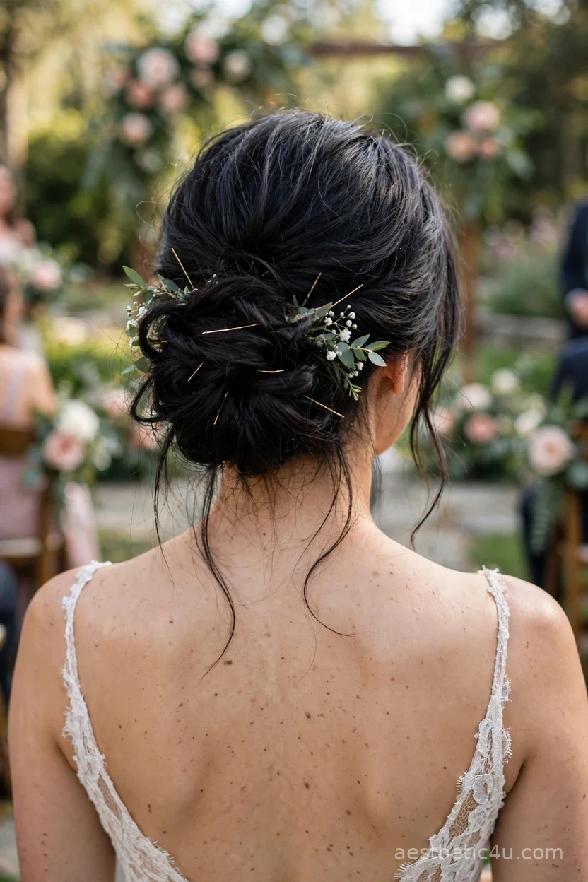 Effortless messy chignon bridal hairstyle for outdoor weddings