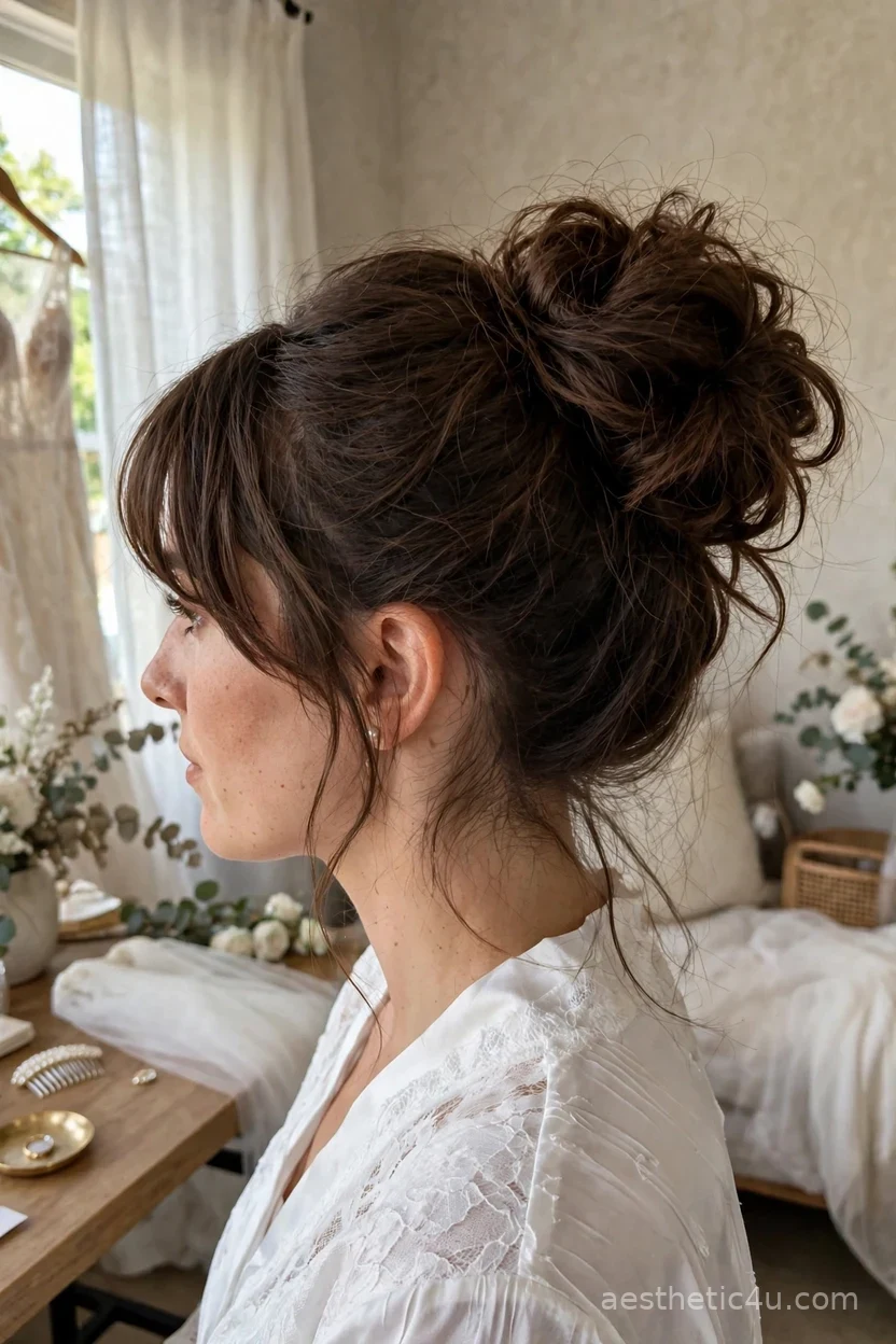 Voluminous messy bun with curtain bangs — romantic bridal hairstyle
