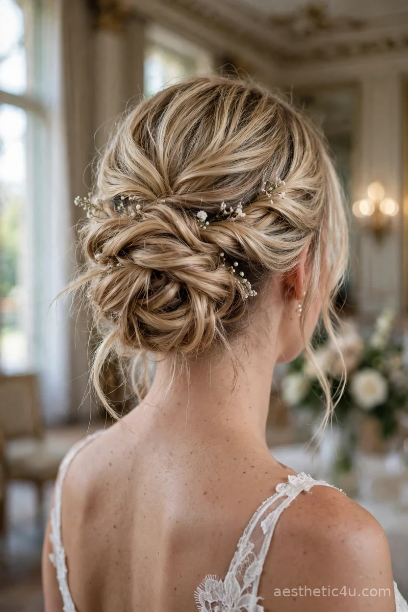 Loose twisted bridal updo hairstyle — elegant messy wedding hair