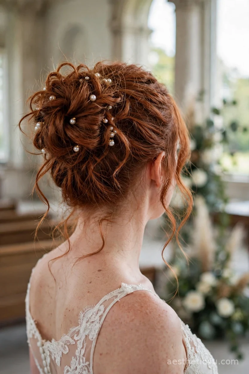 Messy bun with pearl pins — elegant bridal hairstyle with hair accessories
