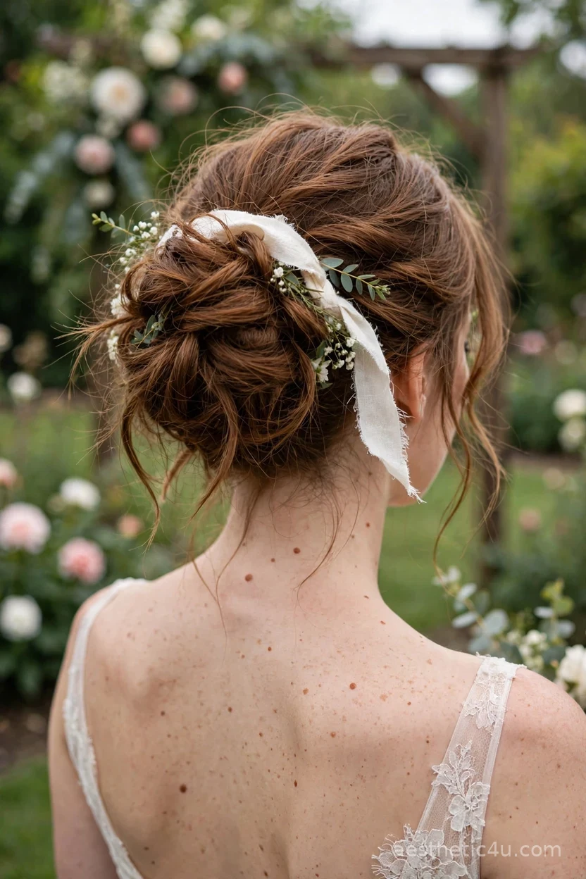 Carefree messy updo with a ribbon — whimsical bridal hairstyle