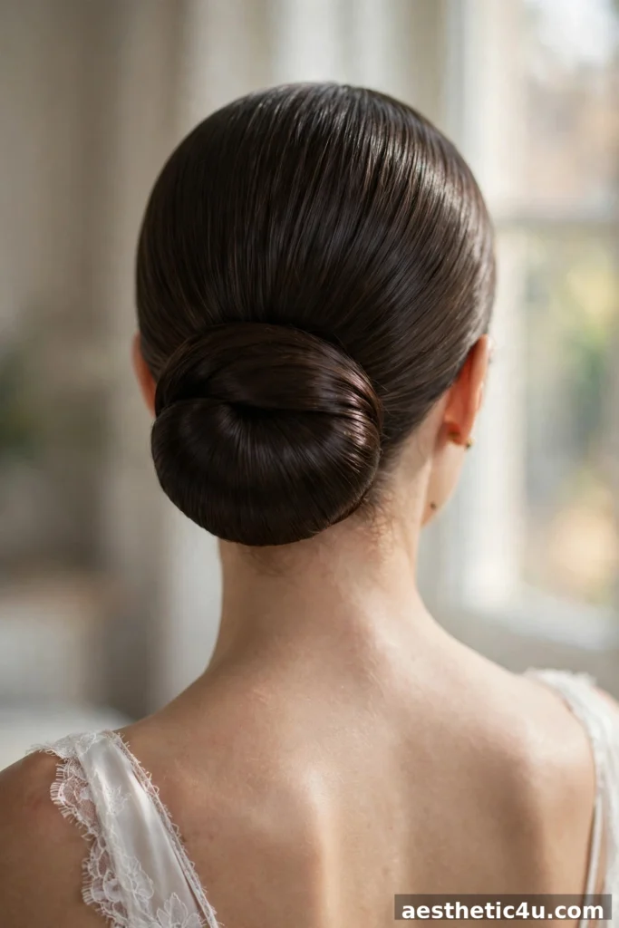 Classic sleek low bun bridal hairstyle, back view