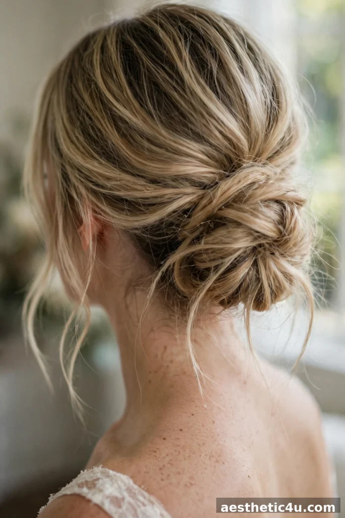 Messy low bun with face framing pieces, bridal hair