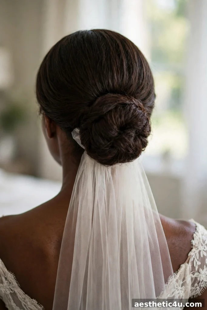 Bridal low bun with veil tucked underneath