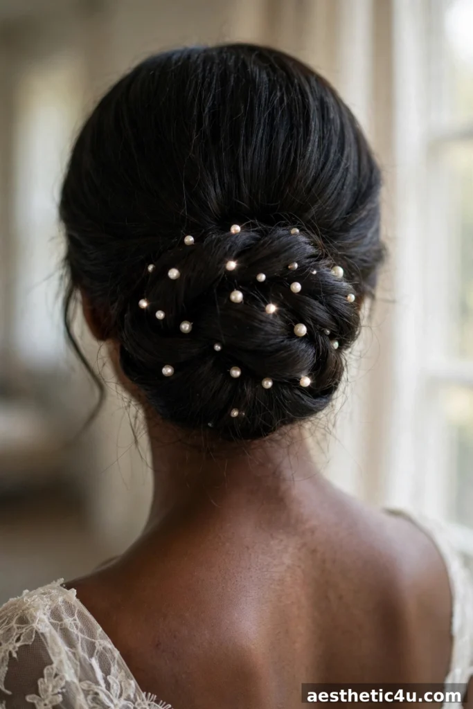 Low bridal bun decorated with pearl pins