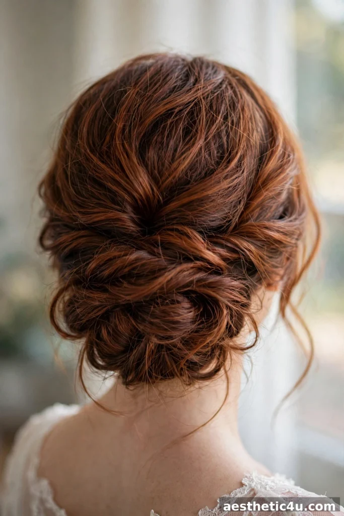 Textured low chignon bridal hairstyle, back view