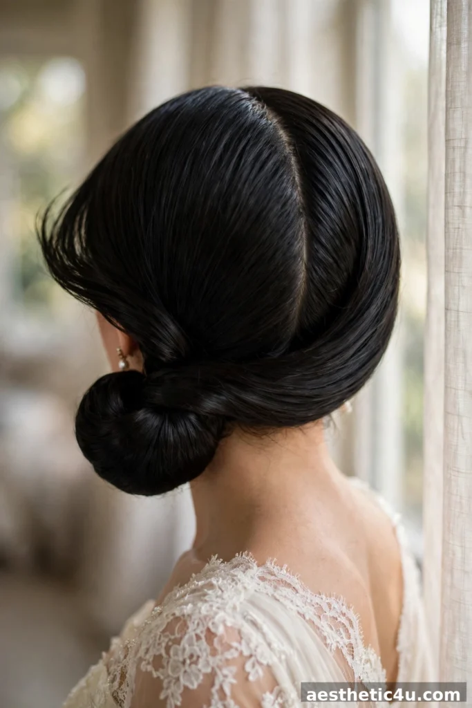 Bridal low bun with deep side part