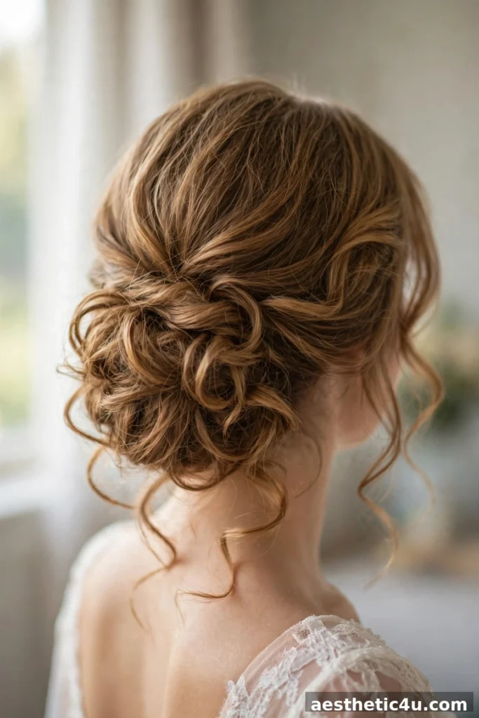 Romantic low bun with loose curls, wedding hair