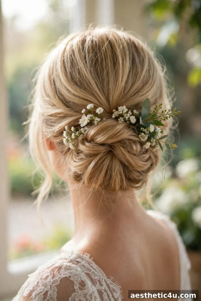 Low bridal bun with small fresh flowers