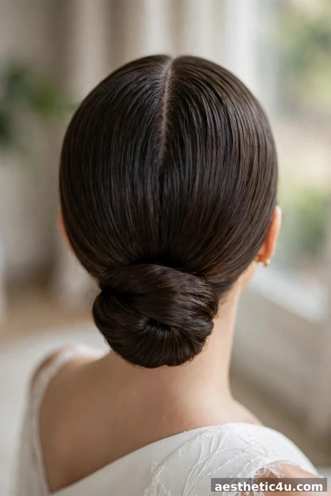 Polished low bun with middle part, bridal style