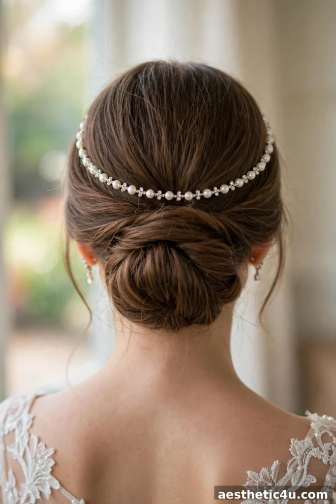 Bridal low bun with elegant headband