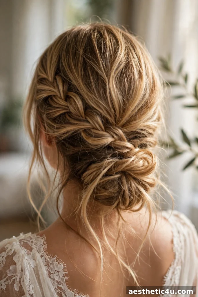 Boho low bun with loose side braid, wedding hairstyle