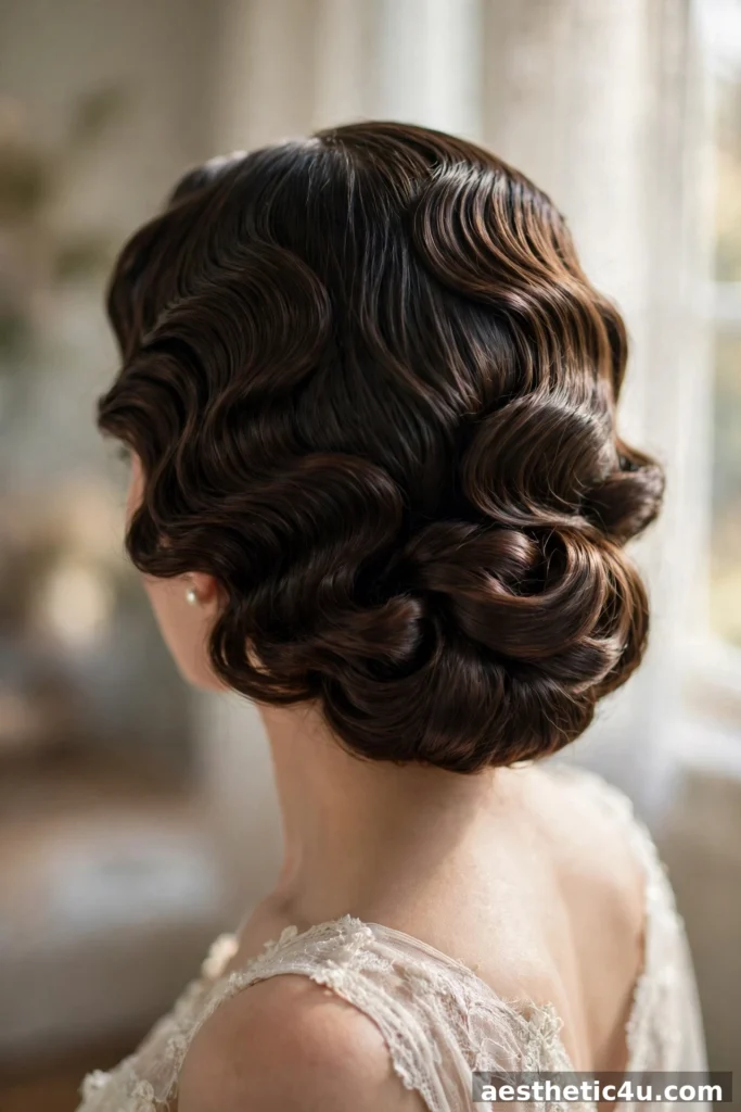 Low bun with vintage finger waves, bridal hair