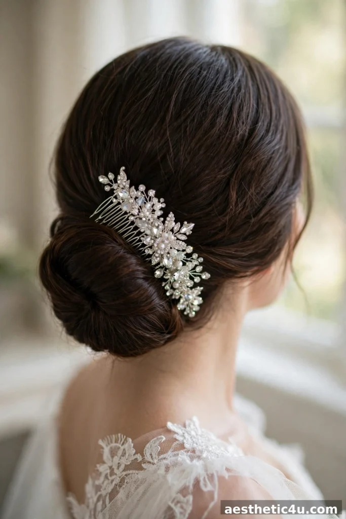 Low bridal bun with crystal jeweled comb accessory