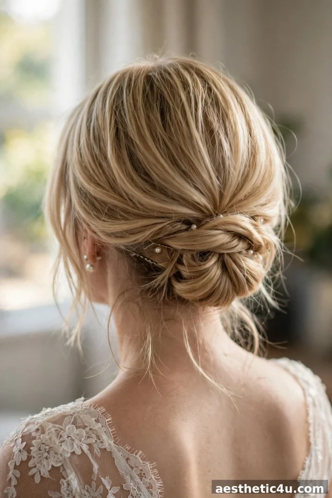 Faux low bun hairstyle for short bridal hair
