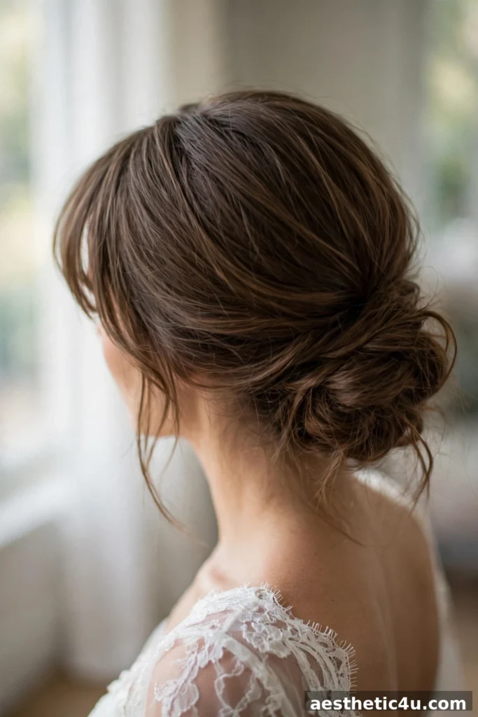 Low bun with curtain bangs, bridal hairstyle
