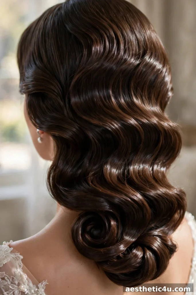 Glamorous low bun with Hollywood waves for wedding