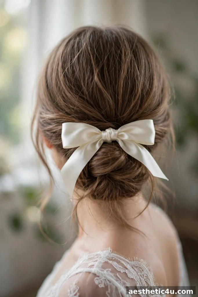 Low bridal bun tied with satin ribbon bow