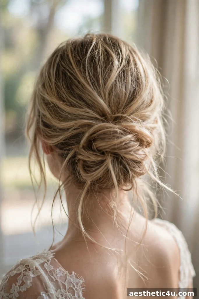 Effortless low bun with wispy strands, bridal look